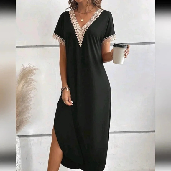 Guipure Lace Panel Split Thigh Tee Dress - Picture 1 of 4